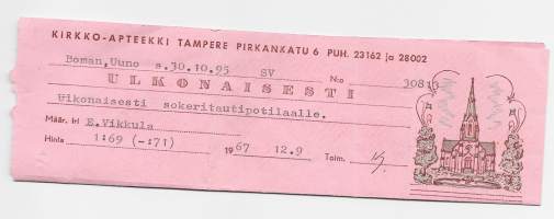 Kirkko- Apteekki Tampere  , resepti  signatuuri   1967