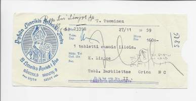 Pyhän Henrikin  Apteekki  Turku , resepti  signatuuri   1959