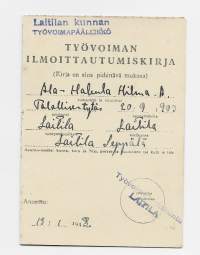 Työvoiman ilmoittautumiskirja  1943  Talollisen tytär Laitila