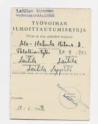 Työvoiman ilmoittautumiskirja  1943  Talollisen tytär Laitila