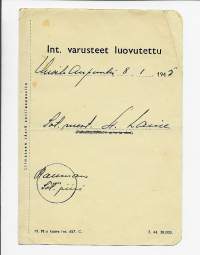 int varusteet luovutettu  8.1.1945 Sot mest H Laine Uusikaupunki
