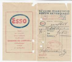 Bensiini Oy Esso 1940 kuitti -  firmalomake 2 kpl erä