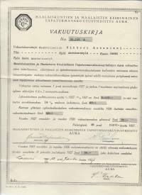 Maalaiskuntien ja Maalaisten  Keskinäinen Tapaturmavakuutusyhdistys Aura   - vakuutuskirja 1927