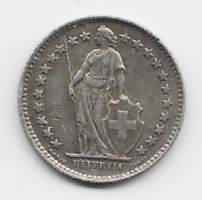 Sveitsi 1/2 Franc 1945  - ulkomainen kolikko hopeaa 2,5 g  .835