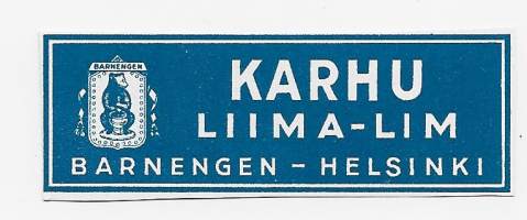 Karhu liimaa   - tuote-etiketti 2x6 cm vuodelta 1928