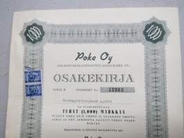 Poke Oy (Polkupyöräkauppiaiden Keskusliike Oy) -Polkupyöräkorjaamo Ajokki sarja B osakkeet nr 13233 1 osake 1 000 mk, Helsinki 1951 -osakekirja