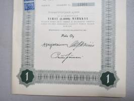 Poke Oy (Polkupyöräkauppiaiden Keskusliike Oy) -Polkupyöräkorjaamo Ajokki sarja B osakkeet nr 13233 1 osake 1 000 mk, Helsinki 1951 -osakekirja