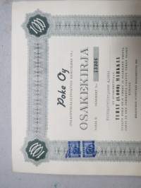 Poke Oy (Polkupyöräkauppiaiden Keskusliike Oy) -Polkupyöräkorjaamo Ajokki sarja B osakkeet nr 13236 1 osake á 1 000 mk, Helsinki 1951 -osakekirja