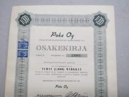 Poke Oy (Polkupyöräkauppiaiden Keskusliike Oy) -Polkupyöräkorjaamo Ajokki sarja B osakkeet nr 13235 1 osake 1 000 mk, Helsinki 1951 -osakekirja