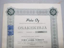 Poke Oy (Polkupyöräkauppiaiden Keskusliike Oy) -Polkupyöräkorjaamo Ajokki sarja B osakkeet nr 13234 1 osake 1 000 mk, Helsinki 1951 -osakekirja