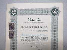 Poke Oy (Polkupyöräkauppiaiden Keskusliike Oy) -Polkupyöräkorjaamo Ajokki sarja B osakkeet nr 7121-7130 10 osaketta 10 000 mk, Helsinki 1951 -osakekirja