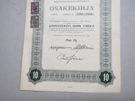 Poke Oy (Polkupyöräkauppiaiden Keskusliike Oy) -Polkupyöräkorjaamo Ajokki sarja B osakkeet nr 7121-7130 10 osaketta 10 000 mk, Helsinki 1951 -osakekirja