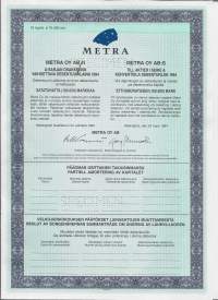 Metra Oy  A-sarjan osakkeisiin vaihdettava Depentuurilaina  1994   100 000 mk , Helsinki 24.3.1994  specimen