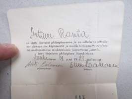 Raittiusseura Taisto III -jäsenkirja Artturi Ranta, Masku Villilä