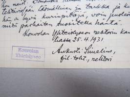 Kouvolan Yhteislyseo, 1931 -asiakirja, allekirjoitus Aukusti Simelius