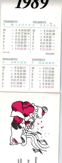 Postikortti.Pentisol Järvenpäästä  toivotelee asiakkailleen Rauhallista Joulua ja mMnestyksellistä Uutta  Vuotta. Muhkeassa kortissa on vuosikalenteri  vuodelle 1989