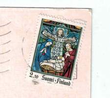 Postikortti / Kari Suomalainen / Jermun joulu.Vapaussoturien huoltosäätiö. Kulkenut, joulumerkki. 2.10 sm, Enkeli, Jeesus lapsi Maria ja Joosef merkissä
