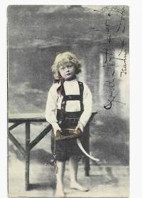 Pieni nahkapöksy toivottaa onnea - postikortti lapsipostikortti uudenvuoden kortti kulkenut 1903