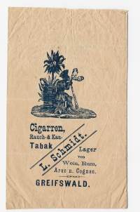 Cigarren Rauch&amp; Kau Tabak L Schmidt lager Wein    Rum  Cognac Greifswald sikaripussi tuotepakkaus  14x9 cm