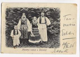Narodna nosnja u Slavoniji Kroatia   - postikortti kansallispukupostikortti  kulkenut 1906 merkki pois