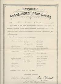 Helsingin Suomalainen Jatko-Opisto   1925 - todistus