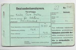 Omaisuudenluovutusvero vihko 1941-45  sota-aika täytetty leimoja