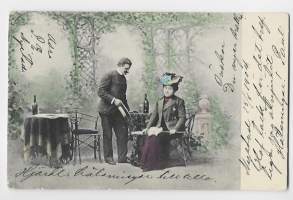 Saako olla lasi viiniä  - postikortti kulkenut 1904