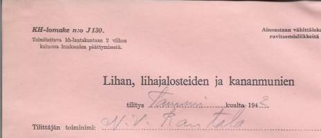 Lihan, lihajalosteiden ja kananmunien tilitys 1942 / Kansanhuolto lomake J 130