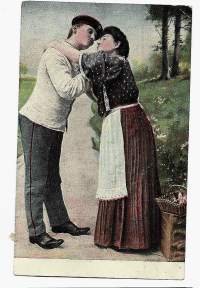 Sotilaan suudelma - postikortti kulkenut 1911