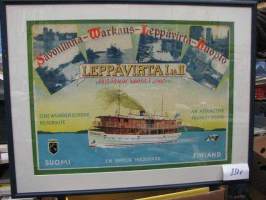 Höyrylaiva Leppävirta I ja II / Savonlinna-Warkaus-Leppävirta-Kuopio -alkuperäinen mainosjuliste kehystettynä