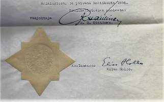 Reino Oittinen opetusministeri etc ,  nimikirjoitus asiakirjalla 1954 ja kouluhallituksen paperisinetti