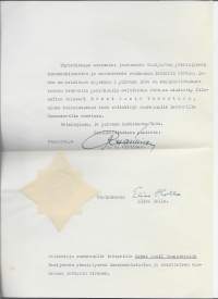 Reino Oittinen opetusministeri etc ,  nimikirjoitus asiakirjalla 1954 ja kouluhallituksen paperisinetti