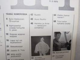 Me Naiset 1970 nr 10, 11.3.1970, Ponchokilpailu, Sylvi Kekkonen 70 v., Soppaa - soppaa, Lapsi nyt vai myöhemmin, Näyttelijä Riitta Selin, Peppi - Inger Nilsson, ym.