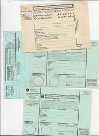 Posti pakettikortti ja Postiosoituskortteja 4 kpl erä blanko 1950 luku