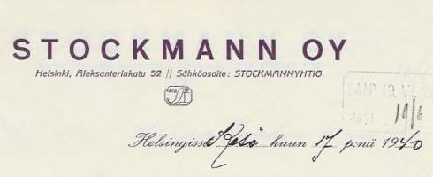 Stockmann Oy 1940  firmalomake
