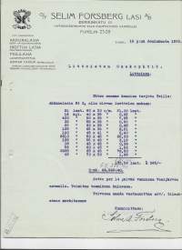 Selim Forsberg Lasi Oy Turku 1923  firmalomake
