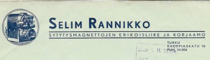 Selim Rannikko Sytysmagneettojen erikoisliike Turku 1952 firmalomake