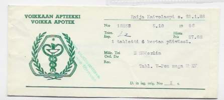 Voikkaan  Apteekki   , resepti  signatuuri  reseptipussi 1968