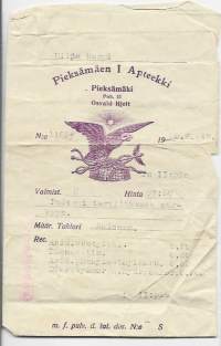 Pieksämäen I  Apteekki Pieksämäki  , resepti  signatuuri  reseptipussi 1949