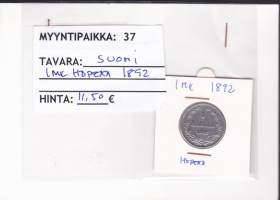 Kolikko Suomi 1 MK hopea 1892