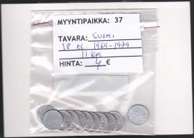 Kolikko Suomi 1p alumiinia: 11 erilaista: 1969-1979