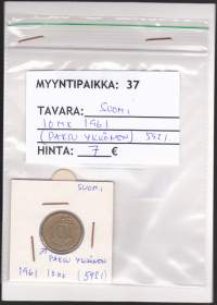 Kolikko Suomi 10 mk alpr. 1961 paksu ykkönen 593.1.