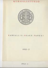 Kansallis-Osake-Pankki KOP- kurssiluetteloita  vuodelta 1952 ja 1953