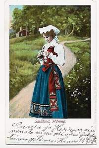 Småland Wärend , postikortti kansallispukukortti - kulkenut 1903