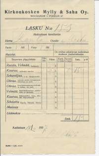 Kirkonkosken Mylly- ja Saha Oy  Nousiainen 1937 - firmalomake