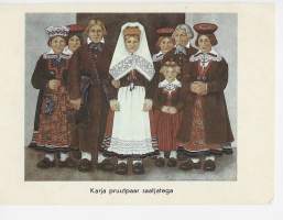 Karja pruutpaar saatjatega , postikortti kansallispukukortti - kulkematon