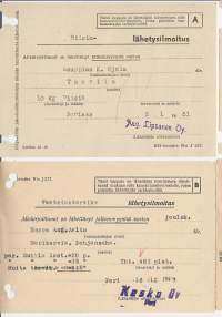 Riisin ja vaatetustarvikkeiden lähetysilmoitus  .. Kesko Oy  ja Aug Lipsanen Oy Pori on lähettänyt jälleenmyyntiä varten  1947-50  2 kpl