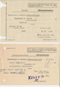Riisin ja vaatetustarvikkeiden lähetysilmoitus  .. Kesko Oy  ja Aug Lipsanen Oy Pori on lähettänyt jälleenmyyntiä varten  1947-51  2 kpl