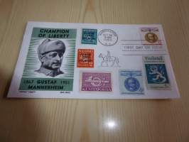 Mannerheim ensipäiväkuori, FDC, USA. Jossa on myös suomen 1943 kenttäpostimerkkejä. Hieno esim. lahjaksi. Myös paljon muita Mannerheim-kohteita myynnissä.