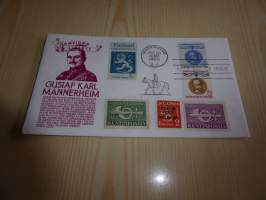 Mannerheim ensipäiväkuori, FDC, USA. Jossa on myös suomen 1943 kenttäpostimerkkejä. Hieno esim. lahjaksi. Myös paljon muita Mannerheim-kohteita myynnissä.